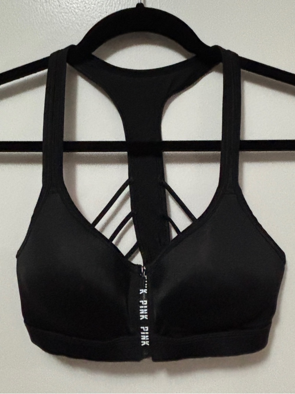 PINK Victoria’s Secret Ultimate Black Front Zip Strappy Racer Back Size Small